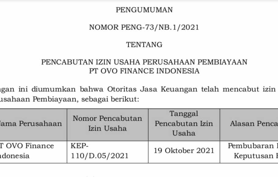 OJK Cabut Izin Usaha PT OVO Finance Indonesia Bukan Uang Elektronik OVO