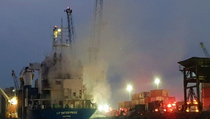 Kapal Kontainer Peti Kemas Terbakar di Tanjung Perak