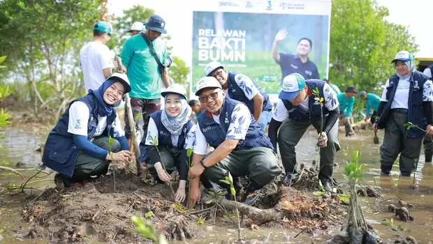 Penanaman bibit mangrove di kawasan pesisir bersama kelompok Desa BSI.