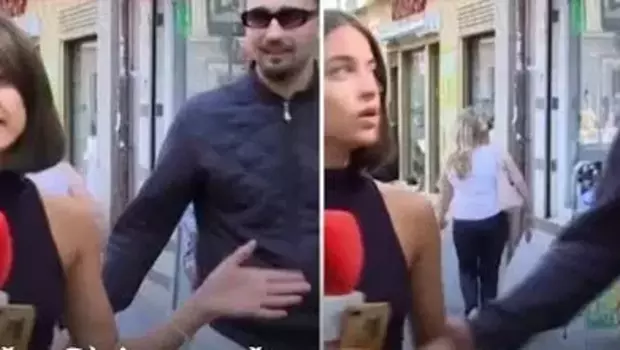 Gabungan gambar aksi pelecehan terjadi saat reporter TV Spanyol sedang siaran langsung. 