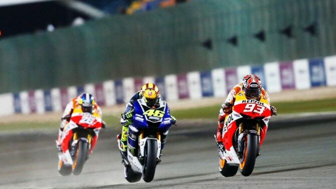 Dari kanan: Marc Marquez, Valentino Rossi, Dani Pedrosa di GP Qatar, 7 April 2013.