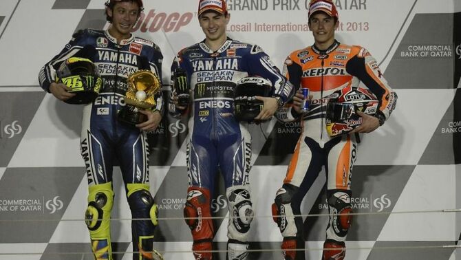 Dari kiri: Valentino Rossi, Jorge Lorenzo, Marc Marquez.