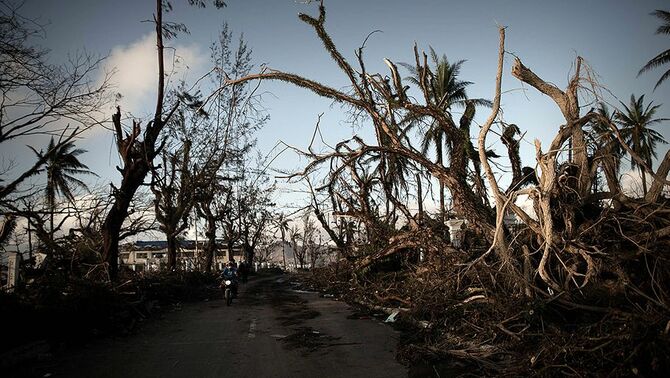 Pengendara motor melintas di reruntuhan bangunan dan pepohonan di timur pulau Leyte, Tacloban, Filipina, yang hancur setelah topan Haiyan melanda wilayah tersebut dua pekan lalu.