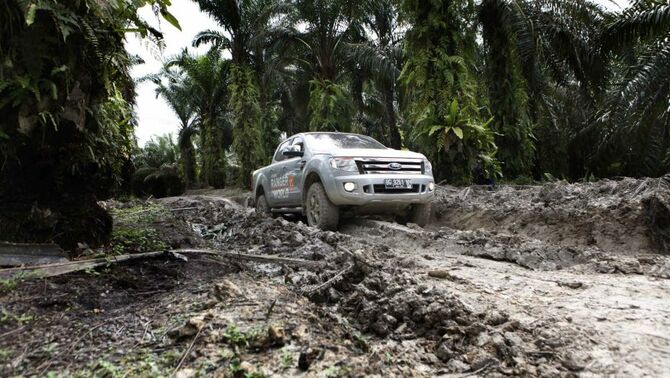 Ford All New Ranger melintas di jalan bergelombang, berlumpur dan berbatu di area kebun kelapa sawit milik PTPN 6 di Tanjung Lebar, Sungai Bahar, Jambi, (4/12). BeritaSatu Photo/GA-M Defrizal