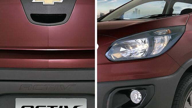 Chevrolet Spin Activ tampak model lampu depan dan logo chevrolet di buritan.
