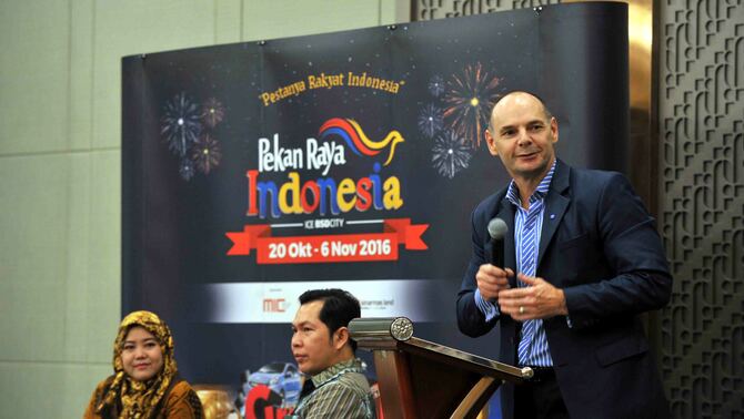 Presiden Direktur DMVO Aage Hansen pada acara  Media Networking perihal penyelenggaraan Pekan Raya Indonesia Oktober 2016 di ICE BSD  City, Selasa (10/5/2016). BeritaSatu Photo/Mohammad Defrizal