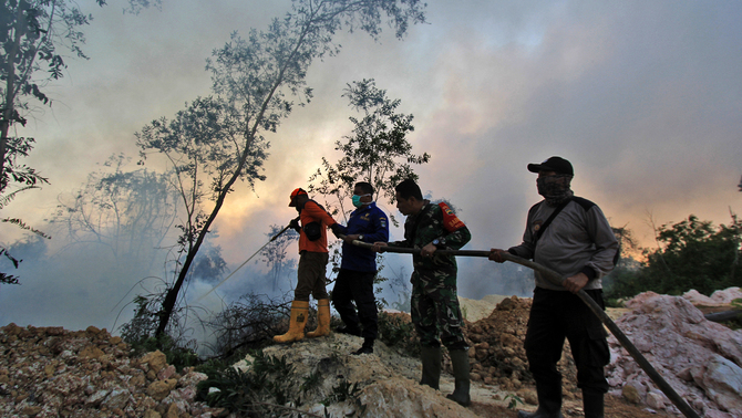 Sejumlah petugas Badan Penanggulangan Bencana Daerah (BPBD), Babinsa, dan kepolisian berupaya memadamkan kebakaran hutan dan lahan dekat pemukiman warga, di kecamatan Dumai Barat, kota Dumai, Dumai, Riau, 12 Februari 2019.