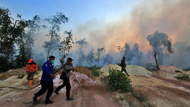 Sejumlah petugas Badan Penanggulangan Bencana Daerah (BPBD), Babinsa, dan kepolisian berupaya memadamkan kebakaran hutan dan lahan dekat pemukiman warga, di kecamatan Dumai Barat, kota Dumai, Dumai, Riau, 12 Februari 2019.