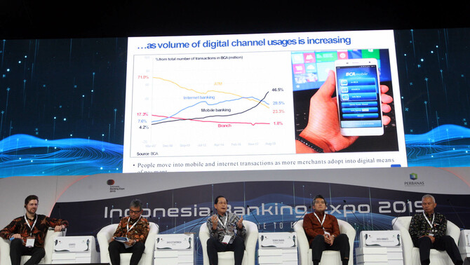 Presiden Direktur PT Bank Central Asia Tbk (BCA) Jahja Setiaatmadja, bersama Direktur Utama BRI Sunarso, Presiden Direktur  Maybank Indonesia Taswin Zakaria dan Deputi Komisioner Pengawas Perbankan OJK Boedi Armanto pada acara forum IBEX 2019 bertema 