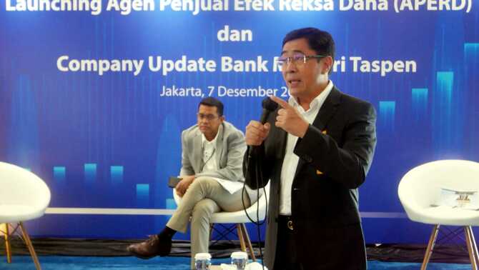 Direktur Business Bank Mandiri Taspen Maswar Purnama saat Launching Bank Mandiri Taspen sebagai Agen Penjual Efek Reksa Dana (APERD) di Graha Mantap, Jakarta, 7 Desember 2021. Bank Mandiri Taspen menggandeng Manajer Investasi PT Trimegah Asset Management untuk melakukan pemasaran dan penjualan Reksa Dana Pasar Uang TRIM KAS 2. 