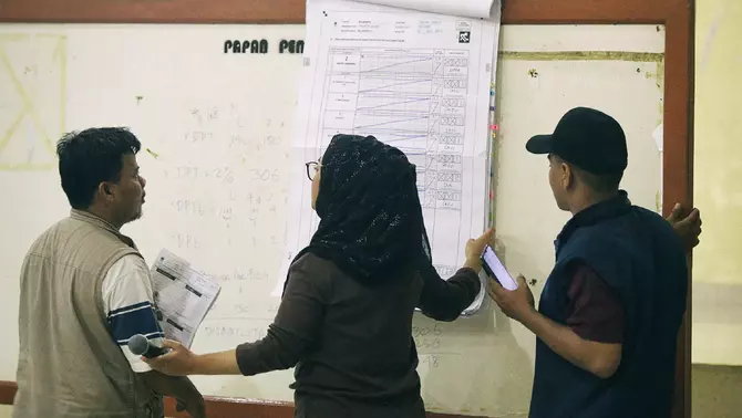 Petugas panitia pemilihan kecamatan (PPK) bersama panitia pemungutan suara (PPS), saksi dari partai politik dan caleg mengikuti rapat pleno terbuka rekapitulasi penghitungan perolehan suara Pemilu 2024 tingkat kecamatan di GOR Bendungan Hilir, Jakarta Pusat, Selasa, 20 Februari 2024.
