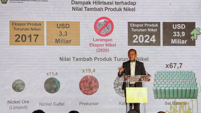 Menteri ESDM Bahlil Lahadalia memberikan sambutan dalam pembukaan acara Energi dan Mineral Forum 2025 yang diselenggarakan Kementerian Energi dan Sumber Daya Mineral (ESDM) berkolaborasi dengan media grup B-Universe di Jakarta, Senin 26 Mei 2025.