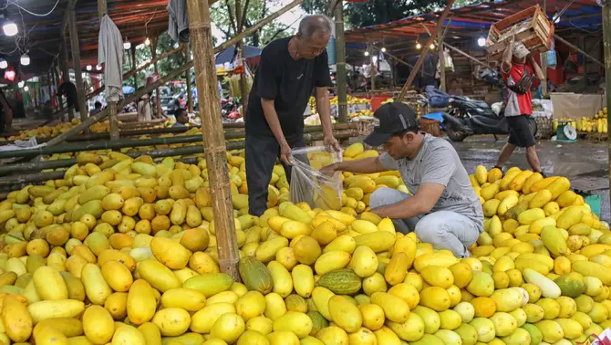 Pedagang memilah milah buah timun suri yang dijual di Pasar Induk Kramat Jati, Jakarta Timur, Selasa 10 Maret 2026.