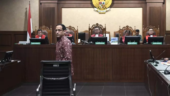 Terdakwa kasus dugaan korupsi pengadaan Chromebook dan Chrome Device Management (CDM) dalam program digitalisasi pendidikan di Kemendikbudristek Nadiem Makarim mengikuti sidang tuntutan di Pengadilan Tipikor, Jakarta, Rabu 13 Mei 2026.