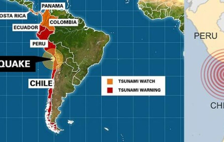 ЦУНАМИ В Чили. Эпицентр землетрясения Перу. Colombia and Panama. Earthquake Zone in South America.