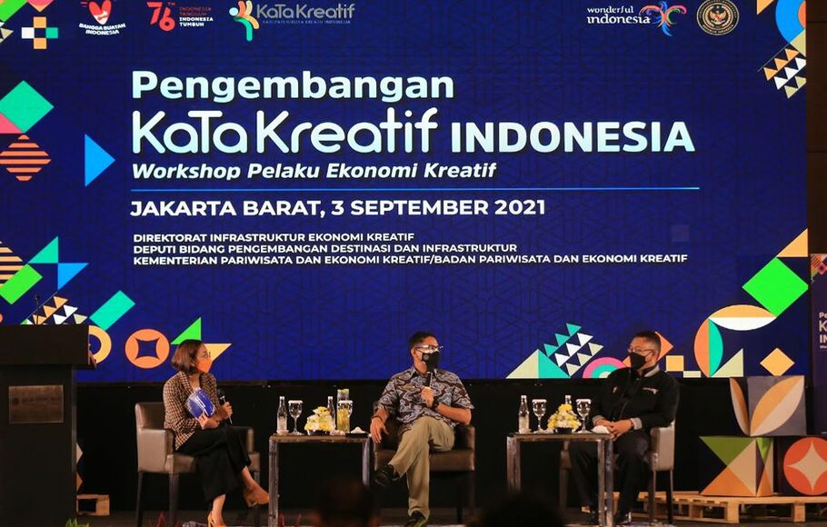 Menparekraf Sandiaga Uno dalam workshop Inovasi dan Kewirausahaan Kabupaten/Kota Kreatif, Jumat, 3 September 2021.