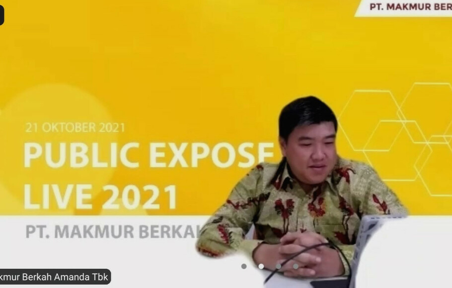 Direktur Utama PT Makmur Berkah Amanda Tbk, Adi Saputra Tedja Surya, dalam acara Public Expose secara virtual, Kamis, 21 Oktober 2021.
