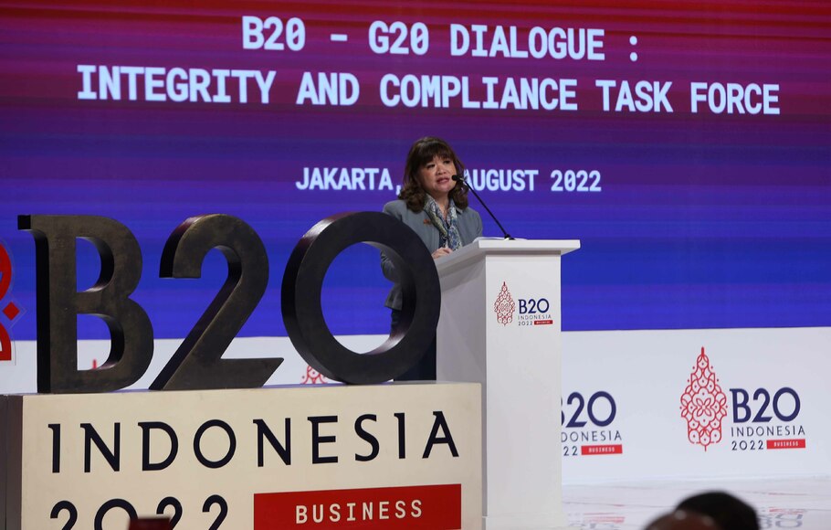 Chair of B20 Indonesia Shinta Kamdani saat acara Dialogue B20 - G20: Integrity and Compliance Task Force, di Jakarta, Kamis, 18 Agustus 2022. Agenda pertemuan ini membahas komitmen integritas dan kepatuhan dalam menjalankan praktik bisnis sehingga dapat mendorong pemulihan, pertumbuhan dan transformasi global.