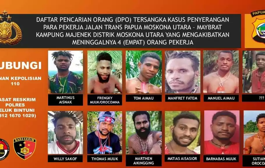 Polda Papua Barat menerbitkan DPO terhadap 12 orang pelaku pembantaian pekerja proyek jalan Trans Bintuni-Maybrat.