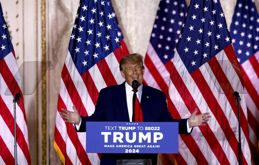 Donald Trump umumkan niatnya ingin maju ke Pilpres AS 2024 di Mar-a-Lago Club di Palm Beach, Florida, pada 15 November 2022 waktu AS.