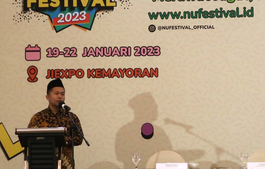 Ketua Pelaksana NU Festival 2023 Tyovan Ari Widagdo menyampaikan pidatonya dalam peluncuran NU Festival 2023 di Ballroom Yuan Garden Pasar Baru, Jakarta, Jumat 18 November 2022.