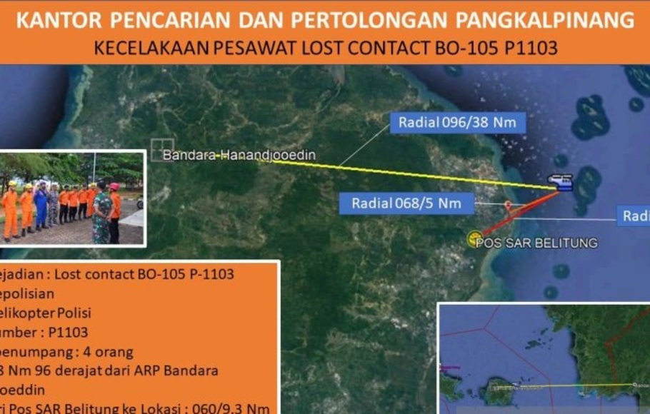 Titik koordinat diduga jatuhnya Helikopter Polri NBO-105 dengan nomor registrasi P-1103 milik Polri di Belitung, Bangka Belitung, Minggu, 27 November 2022.