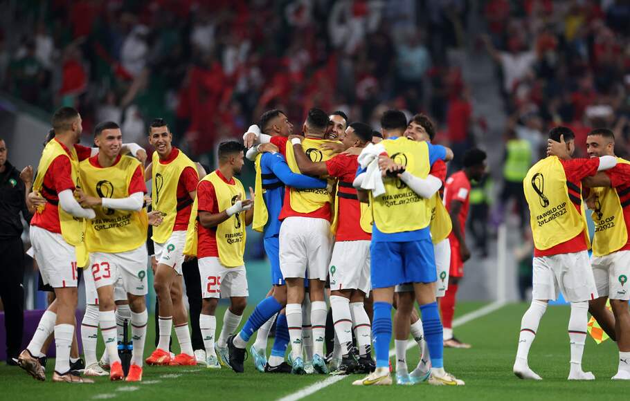 Para pemain Maroko merayakan gol ke gawang Kanada yang dicetak Hakim Ziyech.
