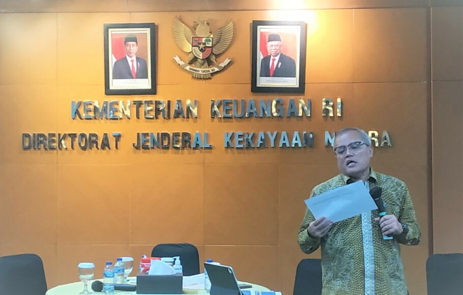 Direktur Perumusan Kebijakan Kekayaan Negara Kemenkeu Encep Sudarwan dalam Media Gathering DJKN di Gedung Syafruddin Prawiranegara Kemenkeu Jakarta pada Selasa 6 Desember 2022. 
