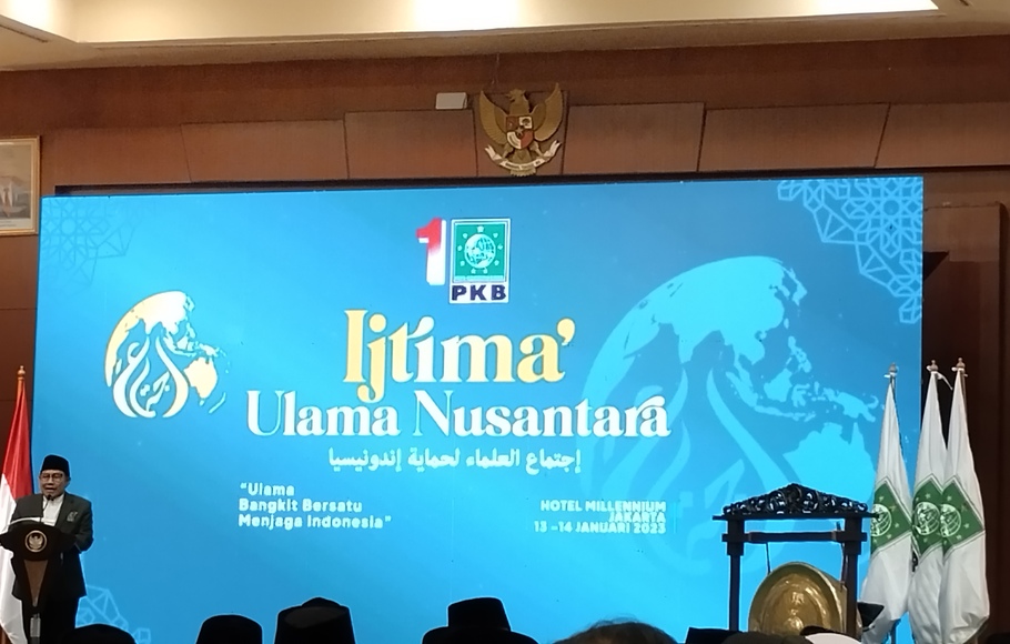 Ketua Umum PKB Muhaimin Iskandar atau Cak Imin memberikan sambutan dalam acara Ijtima Ulama Nusantara, Jumat, 13 Januari 2023. 