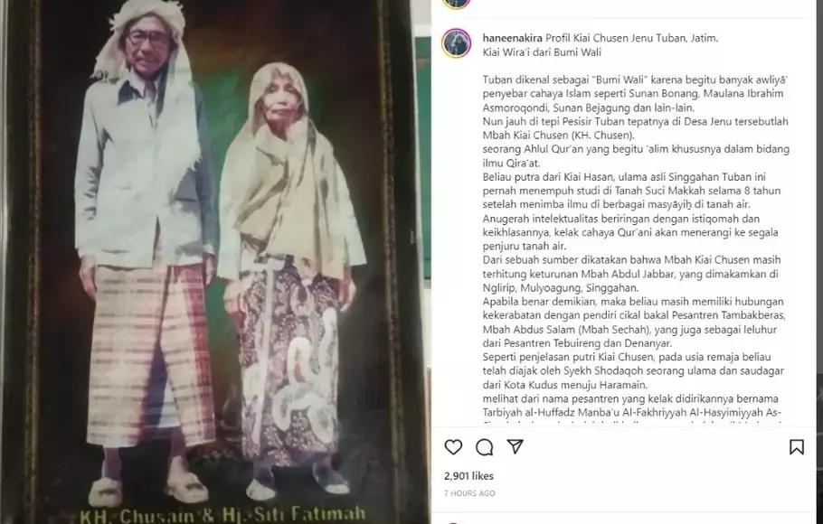 Haneen Akira, istri Hanan Attaki, mengunggah foto kakeknya, KH Chusen yang disebutnya sebagai pendiri Nahdlatul Ulama atau NU Tuban.