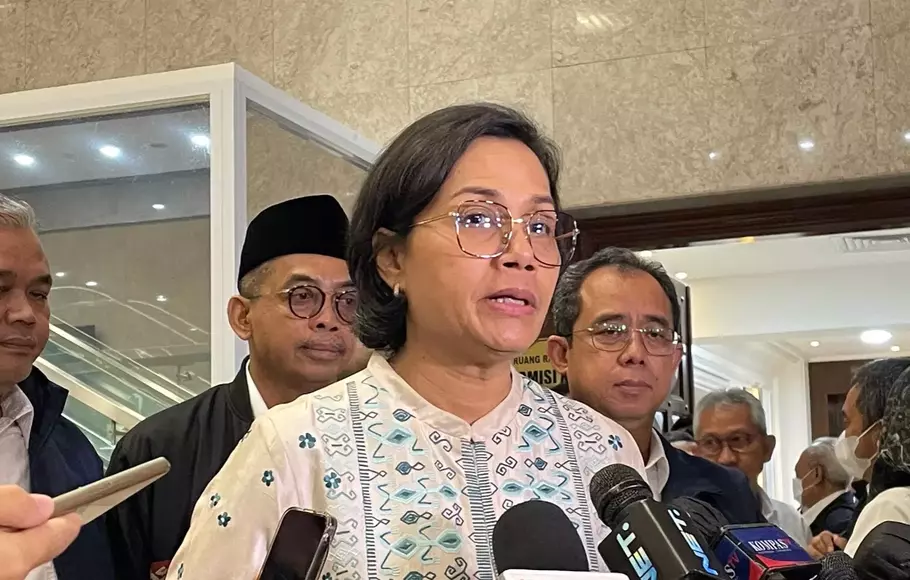 Menteri Keuangan (Menkeu) Sri Mulyani usai Rapat Kerja dengan Komisi XI DPR, di Gedung DPR, Jakarta Pusat, Senin, 27 Maret 2023.