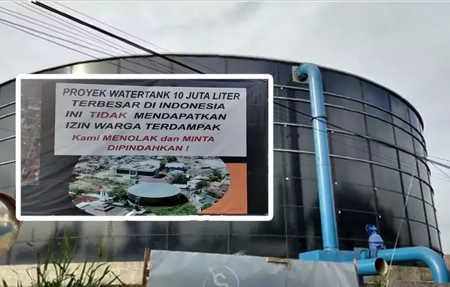 Warga keluhkan pembangunan tangki berkapasitas 10 juta liter air (water tank) milik PDAM di tengah pemukiman di Kelurahan Mekarjaya, Sukmajaya, Depok.