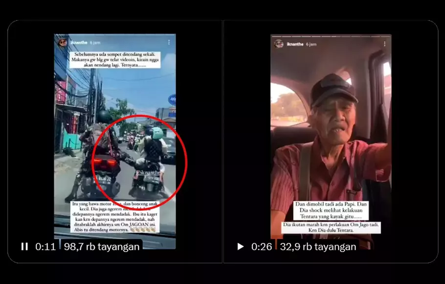 Seorang pensiunan (kanan) menyatakan kelakuan oknum TNI menendang motor seorang ibu yang meboncengkan seorang anak, tak pantas.