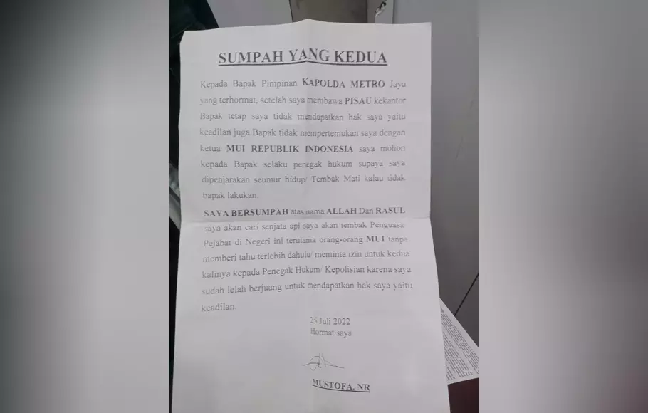 Pelaku penembakan di Gedung MUI meninggalkan sepucuk surat, Selasa, 2 April 2023.