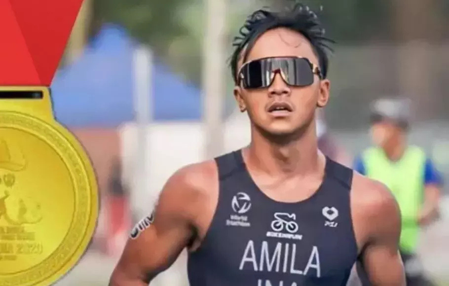 Rashif Amila Yaqin menyumbang medali emas pertama untuk Indonesia di SEA Games 2023 Kamboja setelah finis terdepan dalam aquatlon perseorangan putra di Kep Town Beach, Kep, Kamboja, Sabtu 6 Mei 2023. 