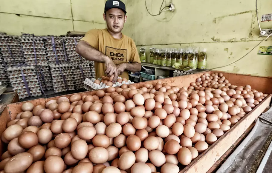 Pedagang melayani pembeli telur di sebuah agen di Jakarta Timur, Selasa 23 Mei 2023.  Harga telur ayam negeri masih terpantau tinggi di Jakarta. Di kawasan Jabodetabek kini harga telur di kisaran Rp 30.500-34.000/kg dan di Indonesia Timur mencapai Rp 38.000 sampai Rp 40.000/kg. 