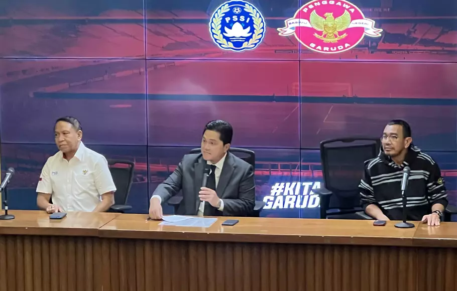 Ketua Umum Persatuan Sepakbola Indonesia (PSSI), Erick Thohir dalam jumpa pers mengabarkan laga FIFA Matchday Timnas Indonesia melawan Palestina dan Argentina.