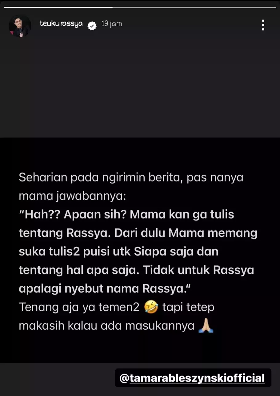 Unggahan Instagram story Teuku Rassya, klarifikasi hubungannya dengan ibunya, Tamara Bleszynski. - (Instagram Story @teukurassya/Istimewa)