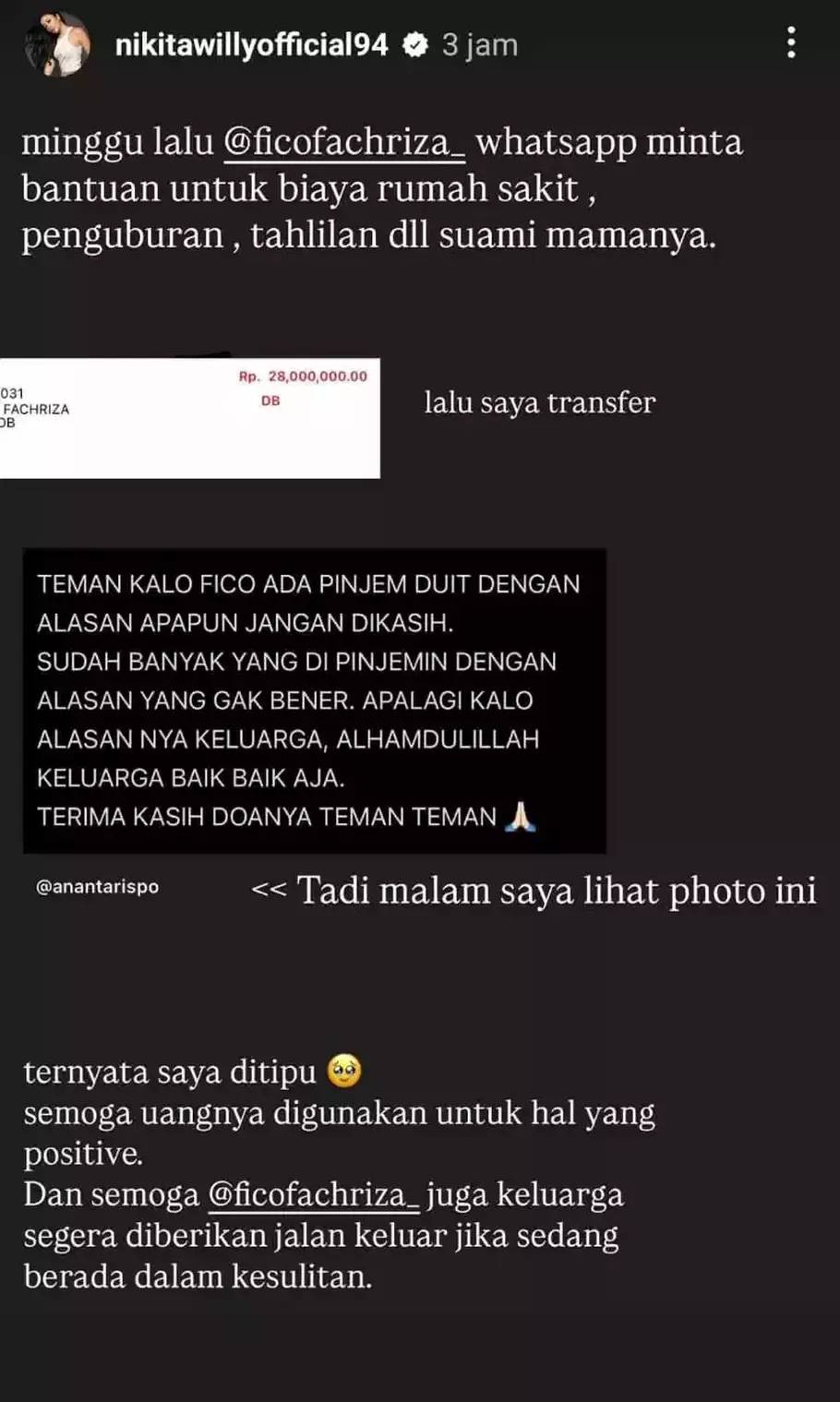 Nikita Willy unggah dirinya kena tipu Fico Fachriza - (Beritasatu.com/Instagram)