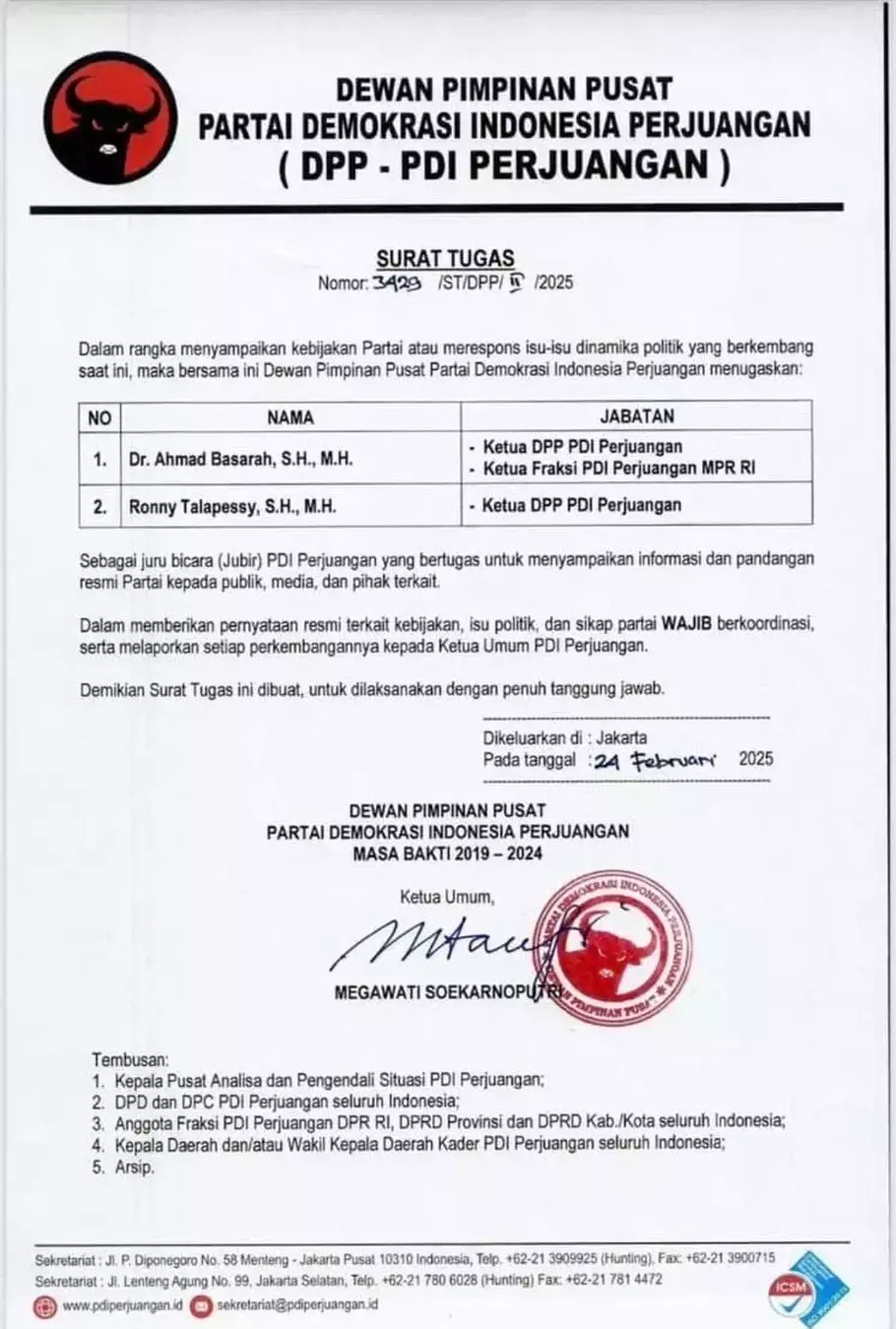 Surat DPP PDIP terkait penunjukan juru bicara PDIP. - (Beritasatu.com/PDIP)
