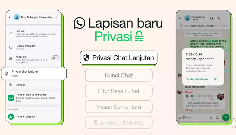 WhatsApp meluncurkan alat privasi baru yang disebut “advanced chat privacy untuk memberikan lapisan kontrol tambahan bagi pengguna. - (Istimewa/-)