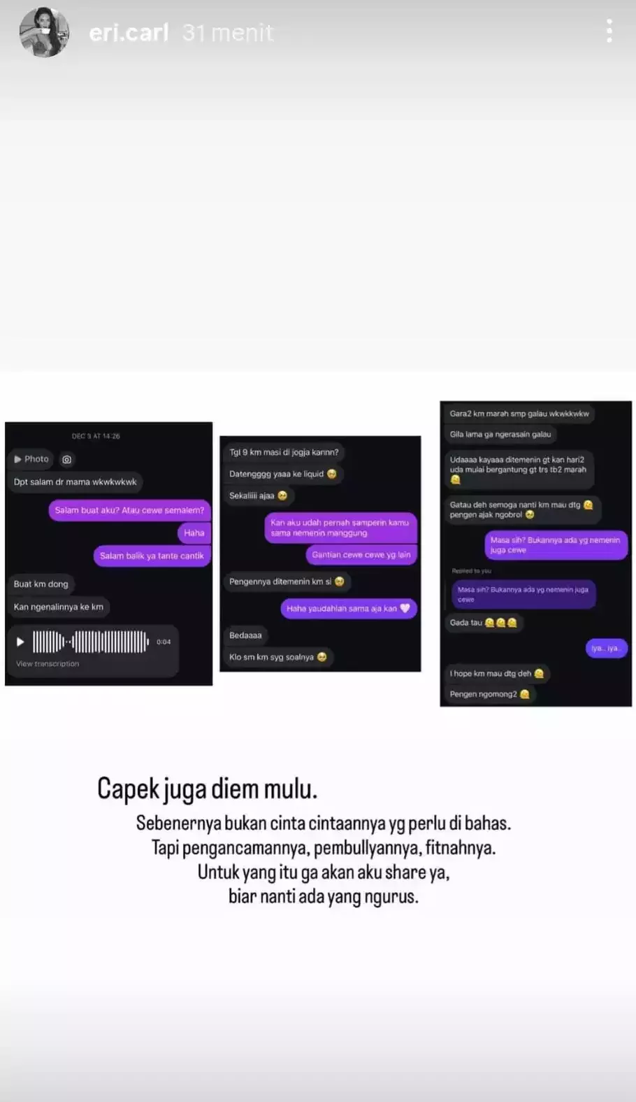Erika Carlina mengunggah bukti percakapan dengan DJ Panda soal adanya perempuan lain. - (Beritasatu.com/Instagram)