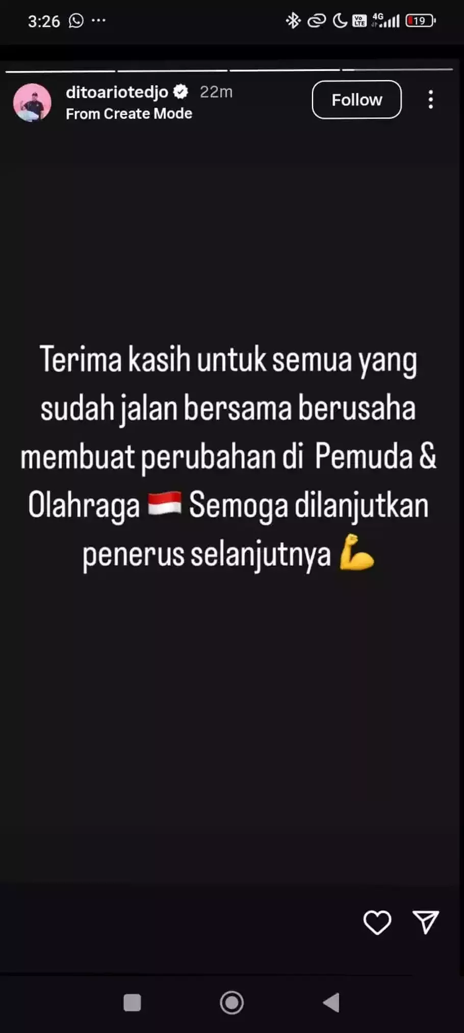 Menteri Pemuda dan Olahraga Dito Ariotedjo memberikan sinyal bakal diganti pada reshuffle kabinet merah putih Presiden Prabowo Subianto. - (Beritasatu.com/Instagram)