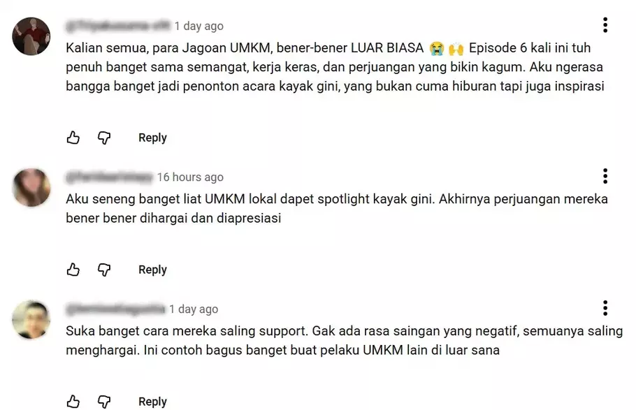 Komentar positif di YouTube dari para netizen terhadap kompetisi Shopee Jagoan UMKM. - (Shopee/Istimewa)