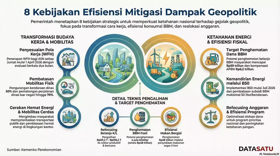 Pemerintah resmi meluncurkan delapan kebijakan efisiensi untuk memitigasi dampak ketegangan geopolitik global terhadap sektor energi nasional. - (Datasatu/Ajeng Wirachmi)