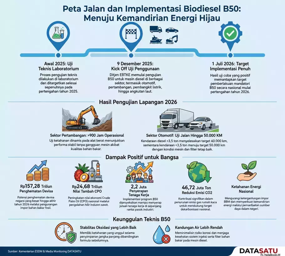 Indonesia terus memperkuat kebijakan biodiesel melalui peningkatan mandatori campuran bahan bakar nabati ke dalam solar, mulai dari B20 pada 2016, B30 pada 2020, B35 pada 2023, hingga B40 pada 2025. - (Datasatu/Yelinka Maresa Sianturi)