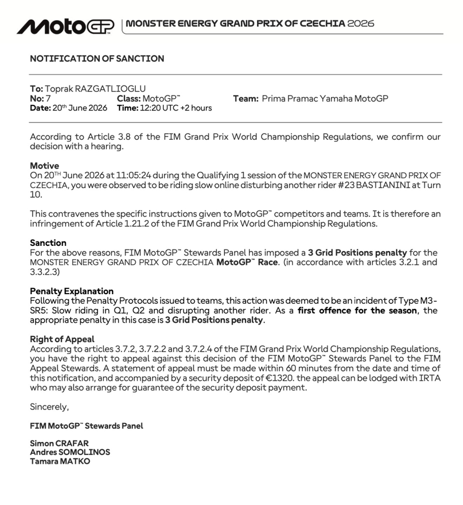 Toprak Razgatlioglu terkena penalti MotoGP Ceko 2026 dan harus start dari posisi terakhir seusai dianggap menghalangi Enea Bastianino di sesi Q1 Brno. - (MotoGP/-)