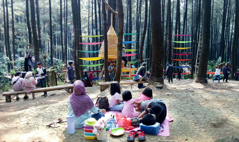 Para mengunjung menikmati hutan pinus diarea Gunung Pancar, Sentul Bogor, Minggu (5/8/2018). 