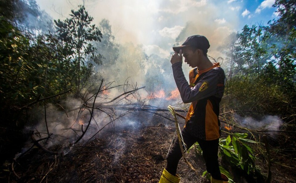 Relawan pemadam kebakaran berupaya memadamkan api yang membakar lahan di Kota Banjarbaru, Kalimantan Selatan. 