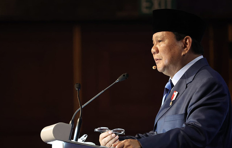 Menteri Pertahanan Prabowo Subianto di acara diskusi panel forum IISS Shangri-La Dialogue 2022, Singapura, Sabtu, 11 Juni 2022. 